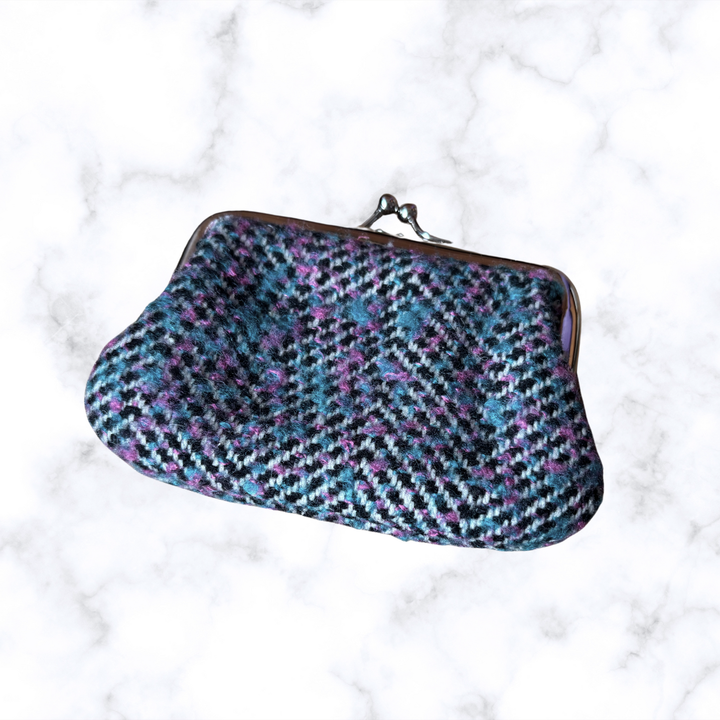 Vintage White, Black, Purple and Blue Herringbone Wool Coin Purse