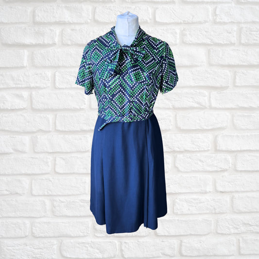 Vintage 70s Navy Blue, Green and White Geometric Print Dress with Tie Neck and Matching Belt . Approx UK size 14-16