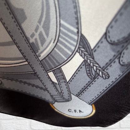 Black, White, Grey, Gold and Red Equestrian Style Square Vintage Scarf by Gim Renoir. Great Gift Idea