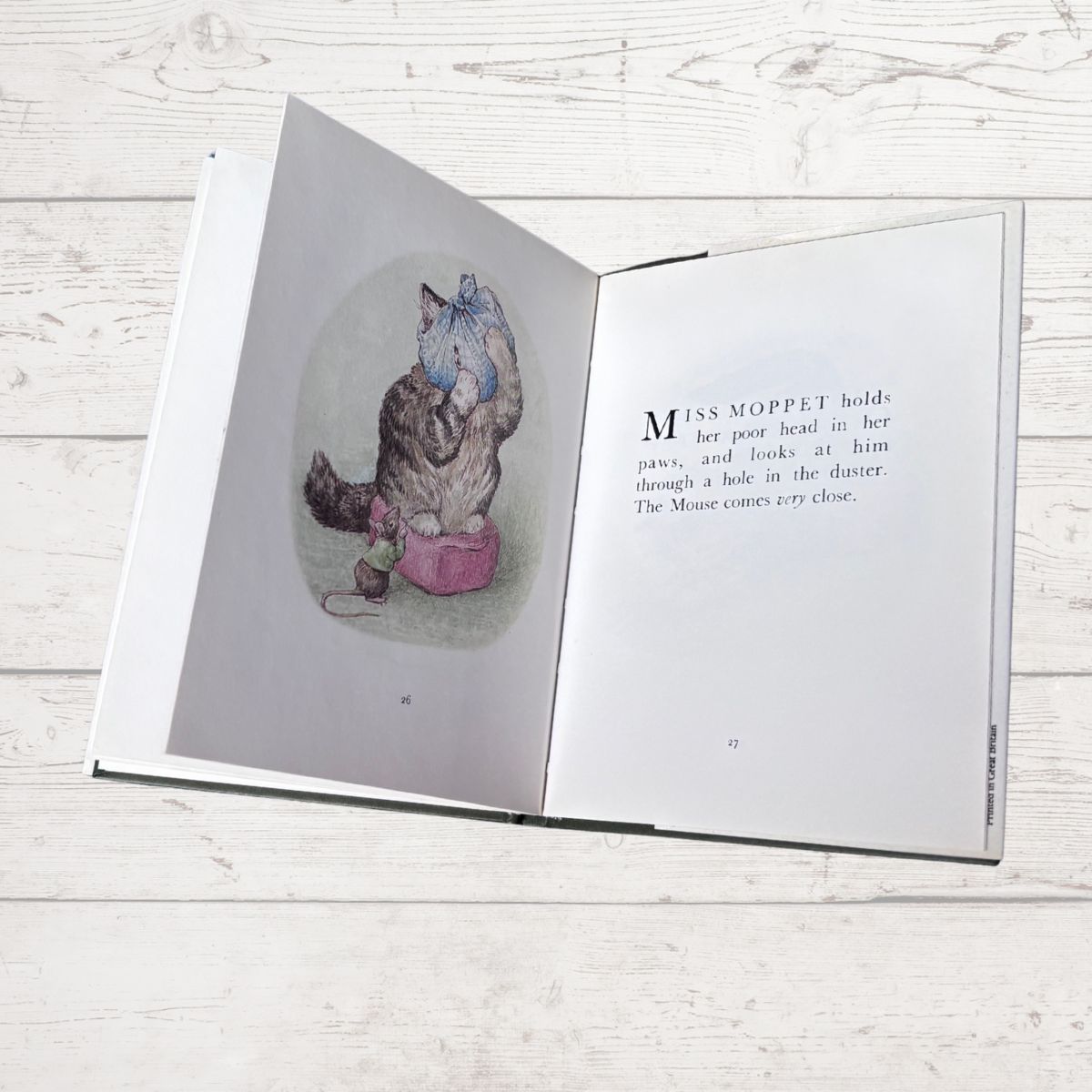 Open book with a illustration of a cat and text on a wooden surface