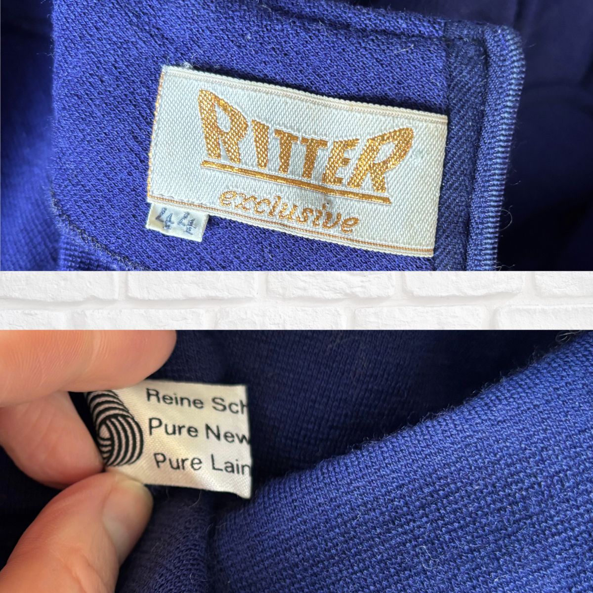 Close-up of a blue fabric with a 'Ritter exclusive' label and another label indicating 'Pure New Laine'.