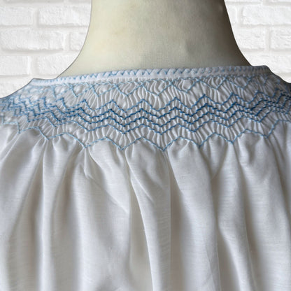 White Vintage Peasant Style Blouse with Blue Floral Embroidery. Approx UK size 8-10