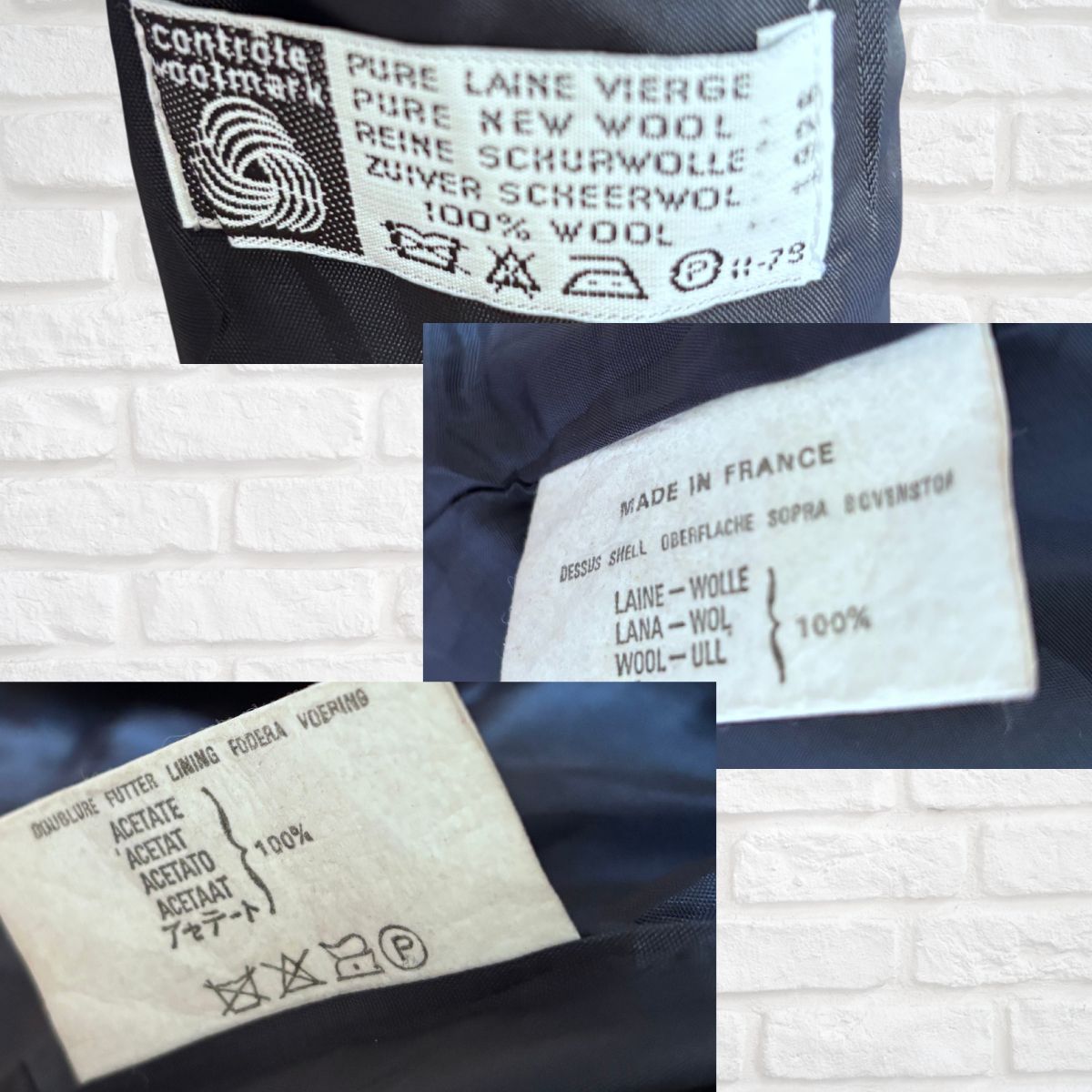 Collage of fabric labels indicating wool content and manufacturing details on a textured background.