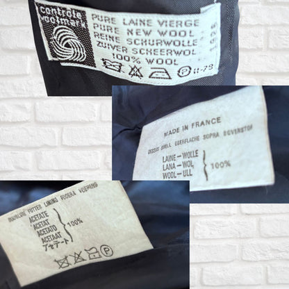 Collage of fabric labels indicating wool content and manufacturing details on a textured background.