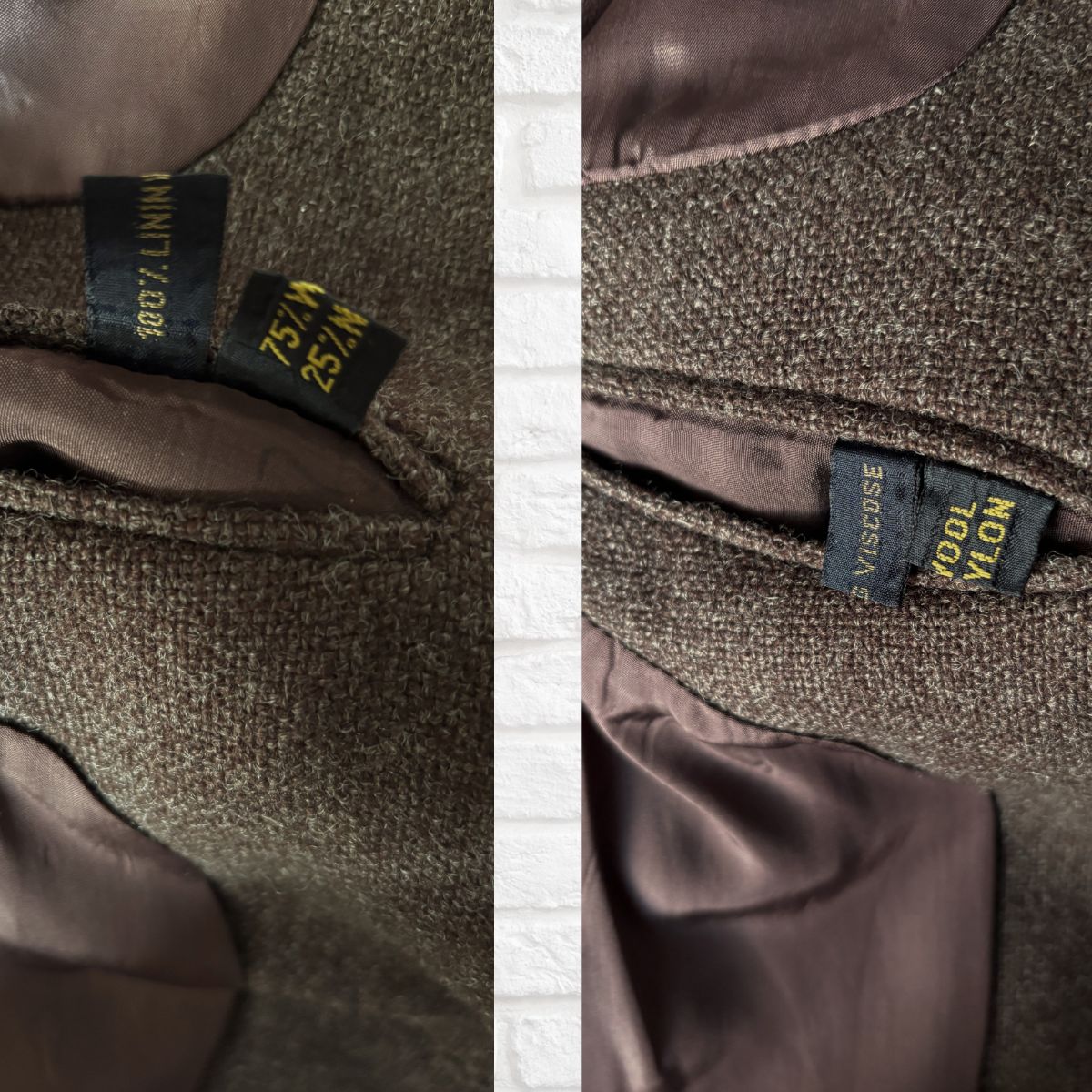 Close-up of a brown fabric with a label on a textured background