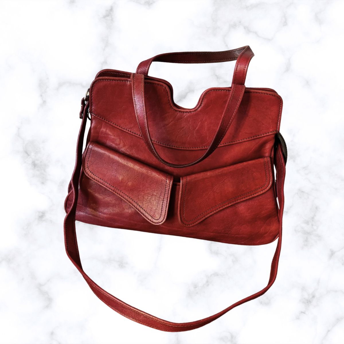 70s Dark Red Leather Vintage Shoulder / Top Handle Bag with Detachable Strap