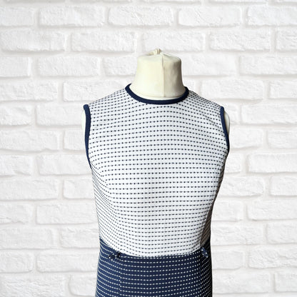 1960s Mod Style Navy Blue & White Sleeveless Vintage Scooter Dress. Approx UK size 10-12
