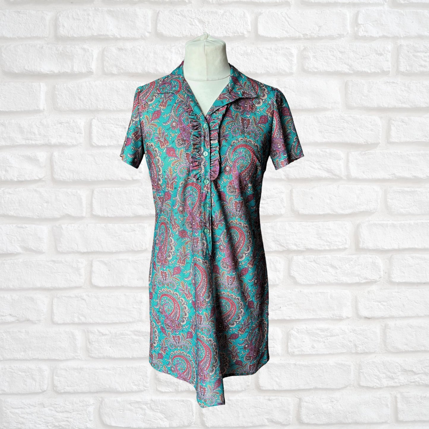 Vintage 70s Teal & Purple Paisley A-Line Mini Dress with Matching Belt. Approx UK size 14