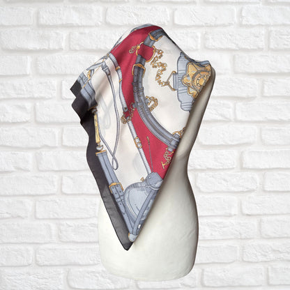 Black, White, Grey, Gold and Red Equestrian Style Square Vintage Scarf by Gim Renoir. Great Gift Idea