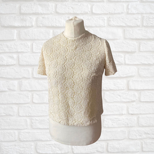 Vintage 60s Cream Floral Lace Short Sleeved Top. Approx UK size 10-12