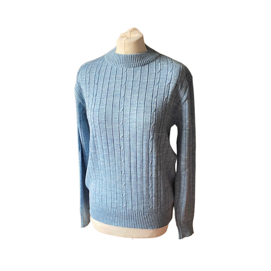 Vintage blue ribbed cable knit jumper - 70s style crewneck unisex sweater
