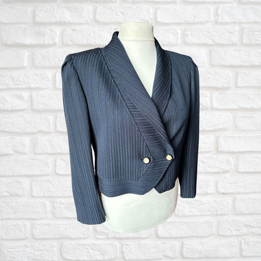 Vintage Navy Blue and White Cropped Pinstriped Long Sleeved Jacket. .Approx UK size 12-14