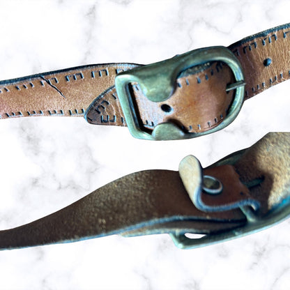 70s Boho Brown Tooled Leather Vintage Shoulder Bag with Buckle Fastening