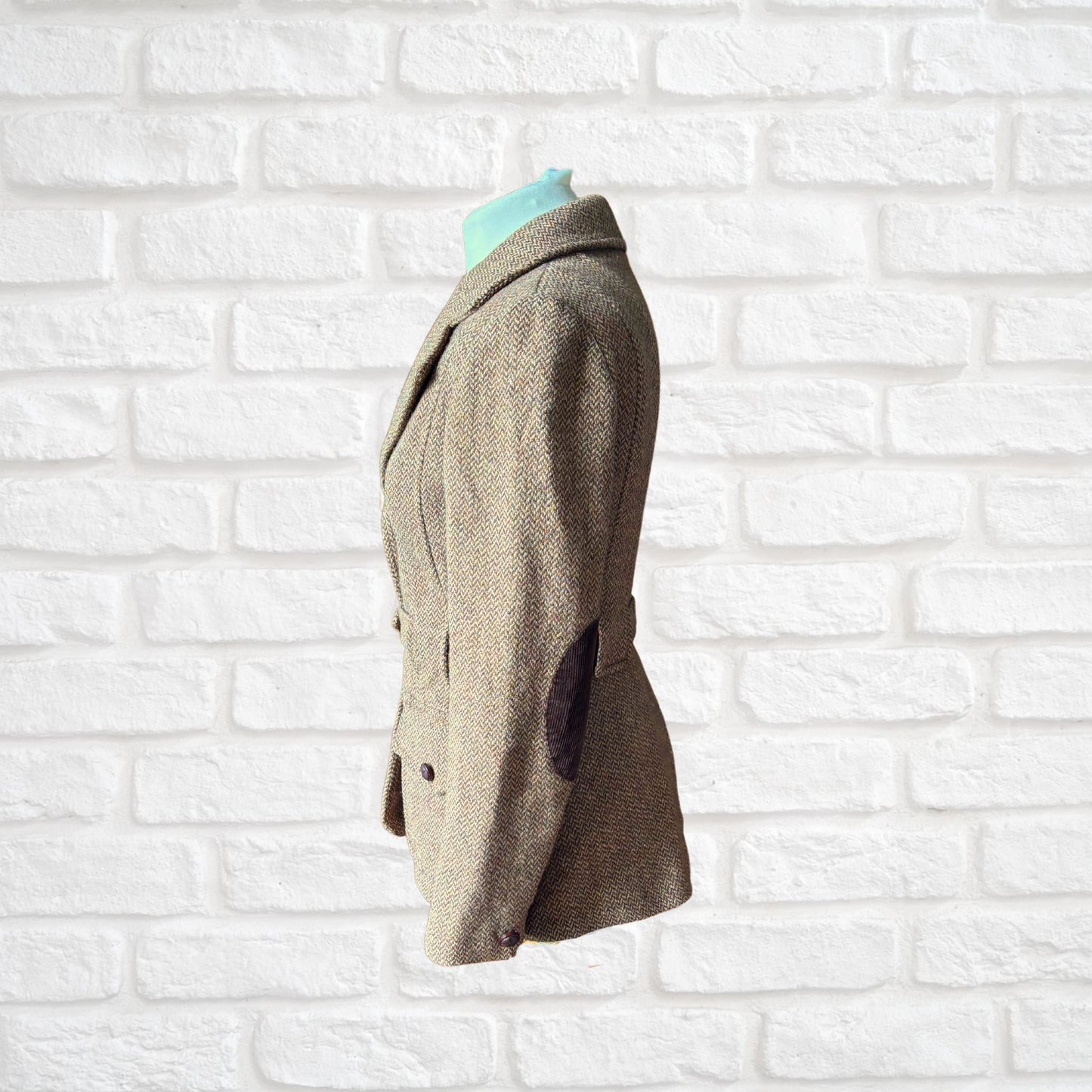 Vintage 70s Wool Tweed Belted Riding Jacket with Corduroy Elbow Patches. Approx UK size 8-10