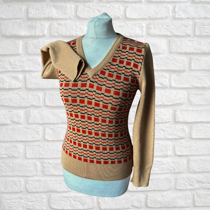 V neck patterned 70s jumper on a white background 