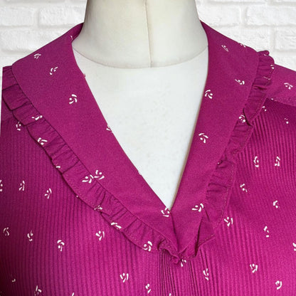 Vintage 70s Magenta Prairie Dress with Frill Neckline & Sleeves. Approx UK size 12 -14