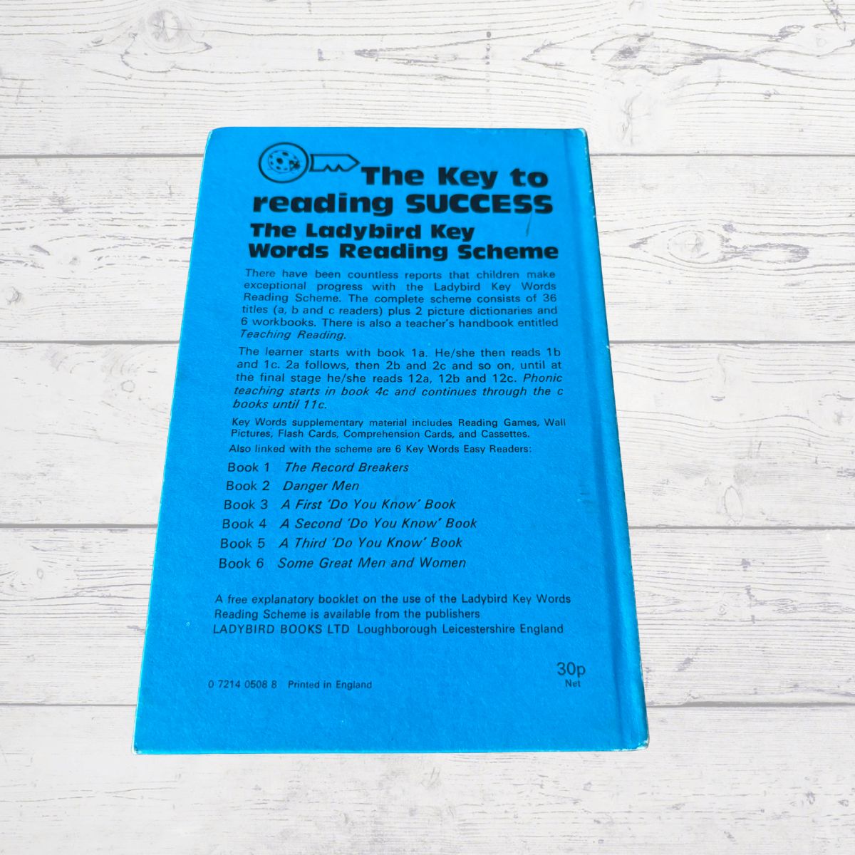 Blue book titled 'The Key to Reading Success' on a light wooden surface