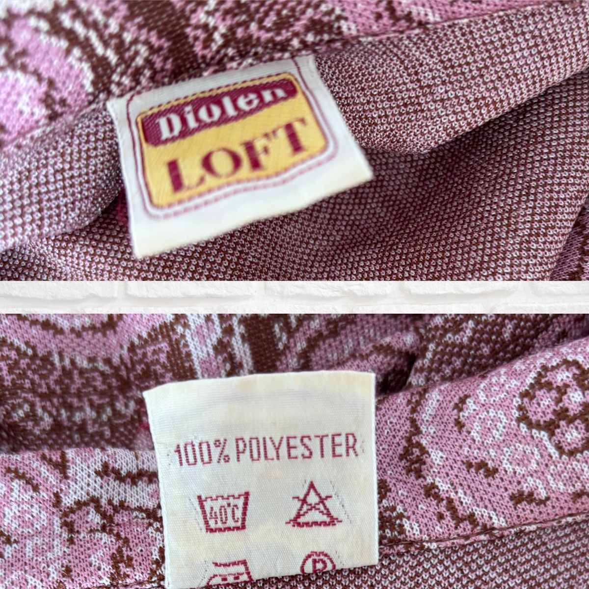 Close-up of a patterned pink and brown woven dress with two sewn-in labels visible: a yellow and red 'Diolen LOFT' label on the top panel and a white '100% POLYESTER' care label on the bottom panel.
