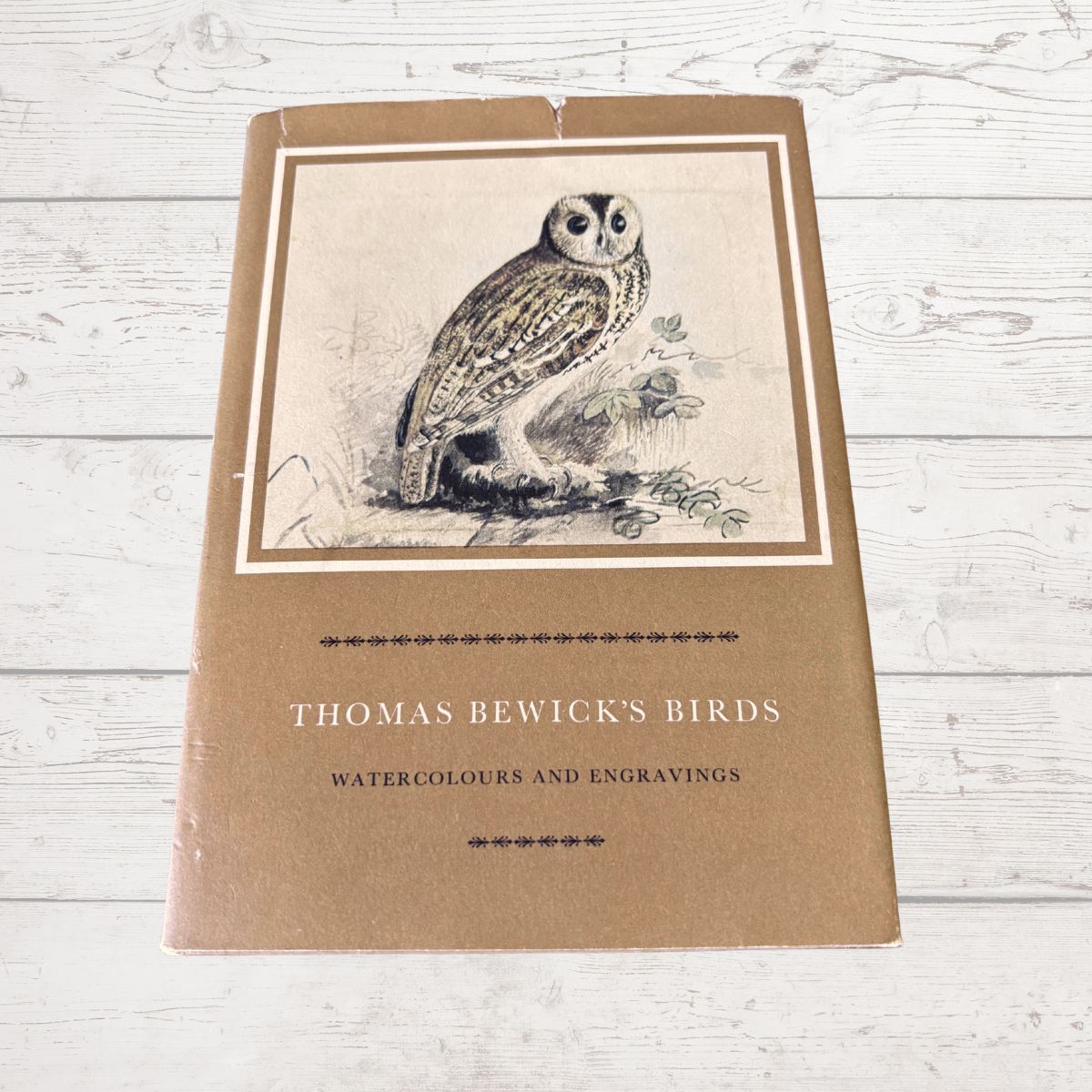 Book cover with an owl illustration and text on a wooden surface