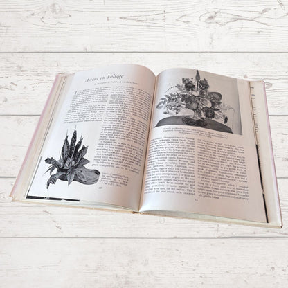 Open book with illustrations of plants on a wooden surface