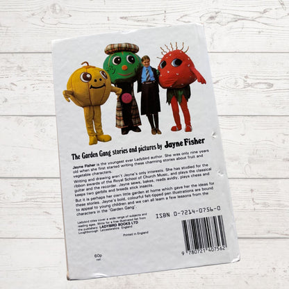 Back cover of a book with colorful characters and Jayne Fisher's name on a light wooden background