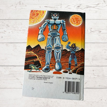 Book cover with robot illustration on a desert planet scene