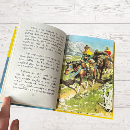 Open book with a colorful illustration of people on horseback and text on a white wooden surface