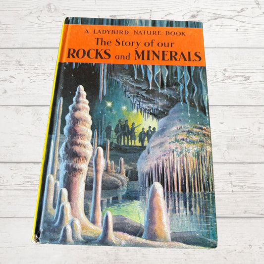 Book titled 'The Story of our Rocks and Minerals' by Ladybird on a wooden surface