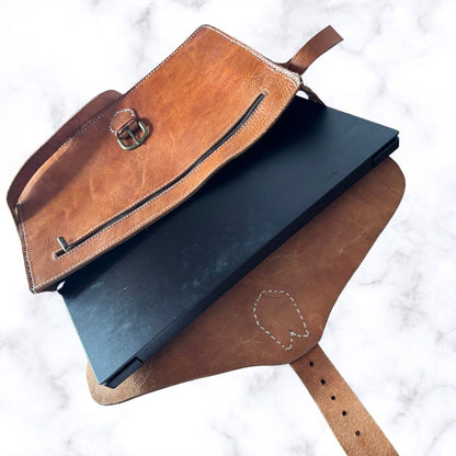 Classic Vintage Large Tan Leather Unisex Satchel with Buckle Front