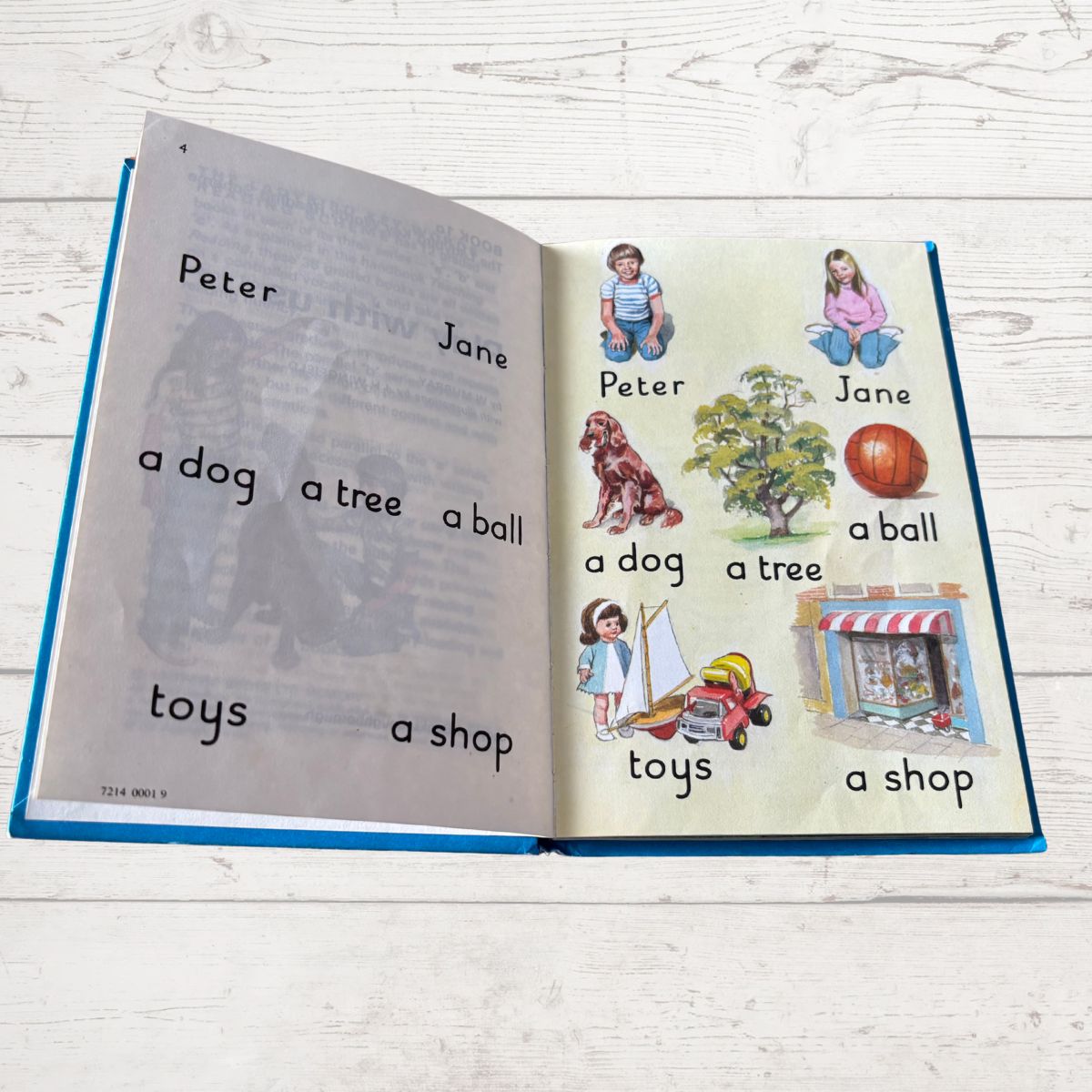 Open book with illustrations and text on a wooden surface