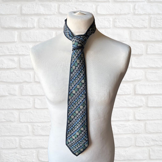 Blue and green patterned silk vintage tie 