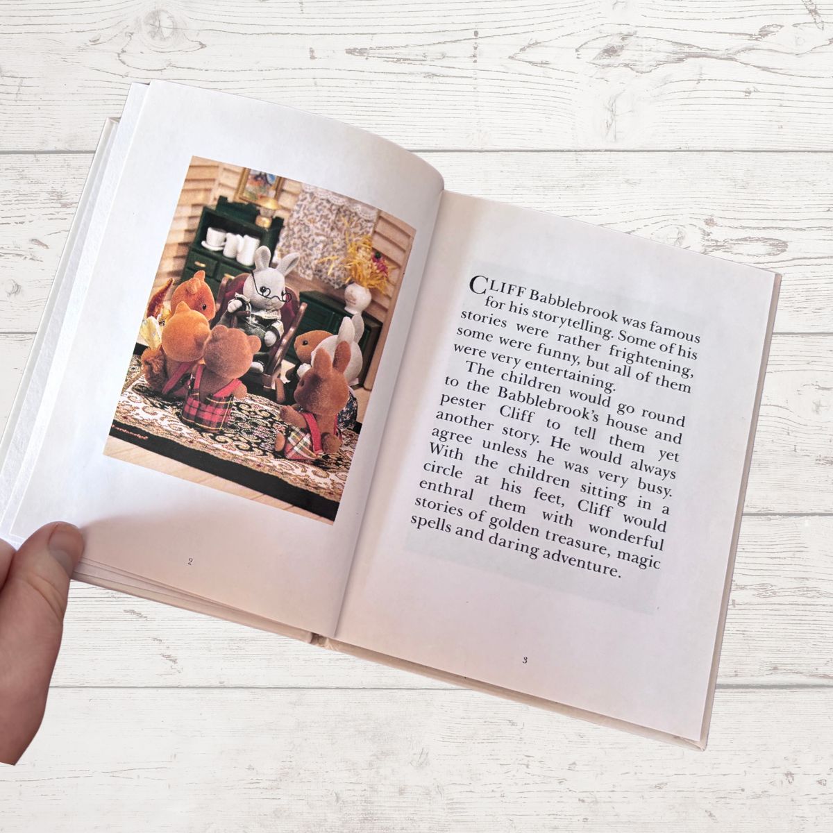 Open book with a picture of animals and text on a wooden surface