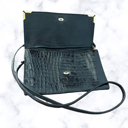 Vintage 80s Black Leather Envelope Bag with Cross Body Strap. Perfect for Nights Out/ Festivals