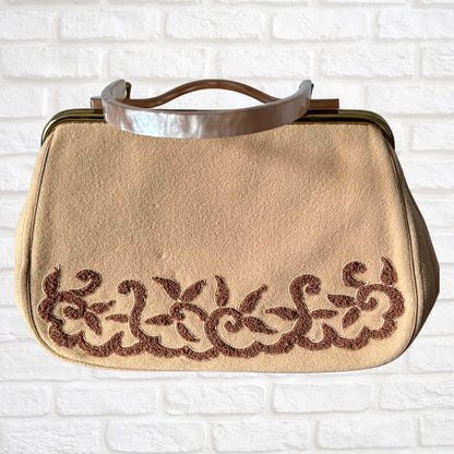 Vintage 1950s Tan Wool Felt Handbag with Lucite Handle - Charles S Kahn Inc, Florida