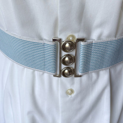 Vintage 80s Blue and White Striped Stretch Waist Belt with Metal Clasp. Approx UK size 20-22