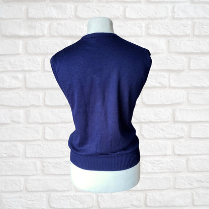 80s blue tank top/knitted sweater vest with white crown motif. Approx UK size 10-14
