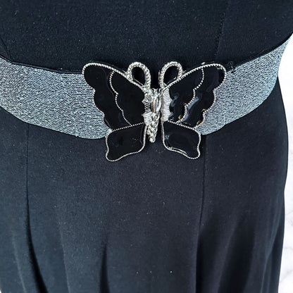 Vintage 80s Black and Silver Glitter Stretch Waist Belt with Butterfly Clasp. Approx UK size 6-10