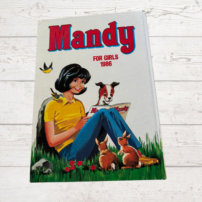 Vintage 1986 Mandy for Girls annual on a white background