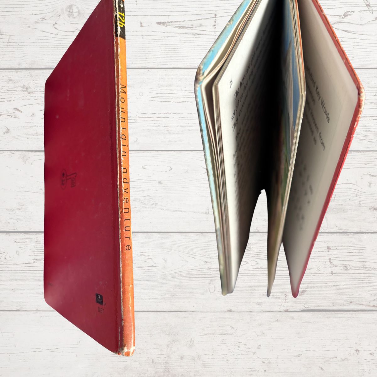 Open book with red cover on a light wooden surface