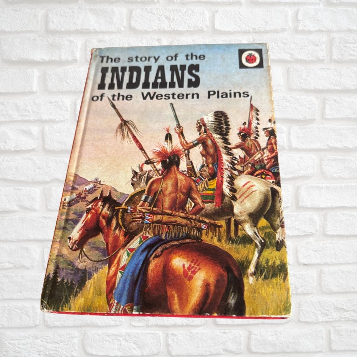 Vintage children's book titled 'The story of the Indians of the Western Plains' leaning against a white painted brick wall. The cover features colorful illustrated Native American riders on horseback.