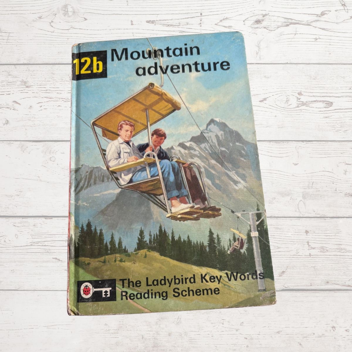 Book cover of 'Mountain Adventure' from The Ladybird Key Words Reading Scheme on a wooden surface.