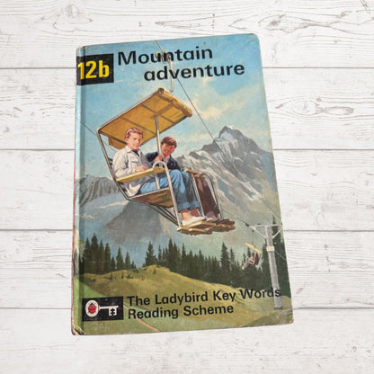 Book cover of 'Mountain Adventure' from The Ladybird Key Words Reading Scheme on a wooden surface.