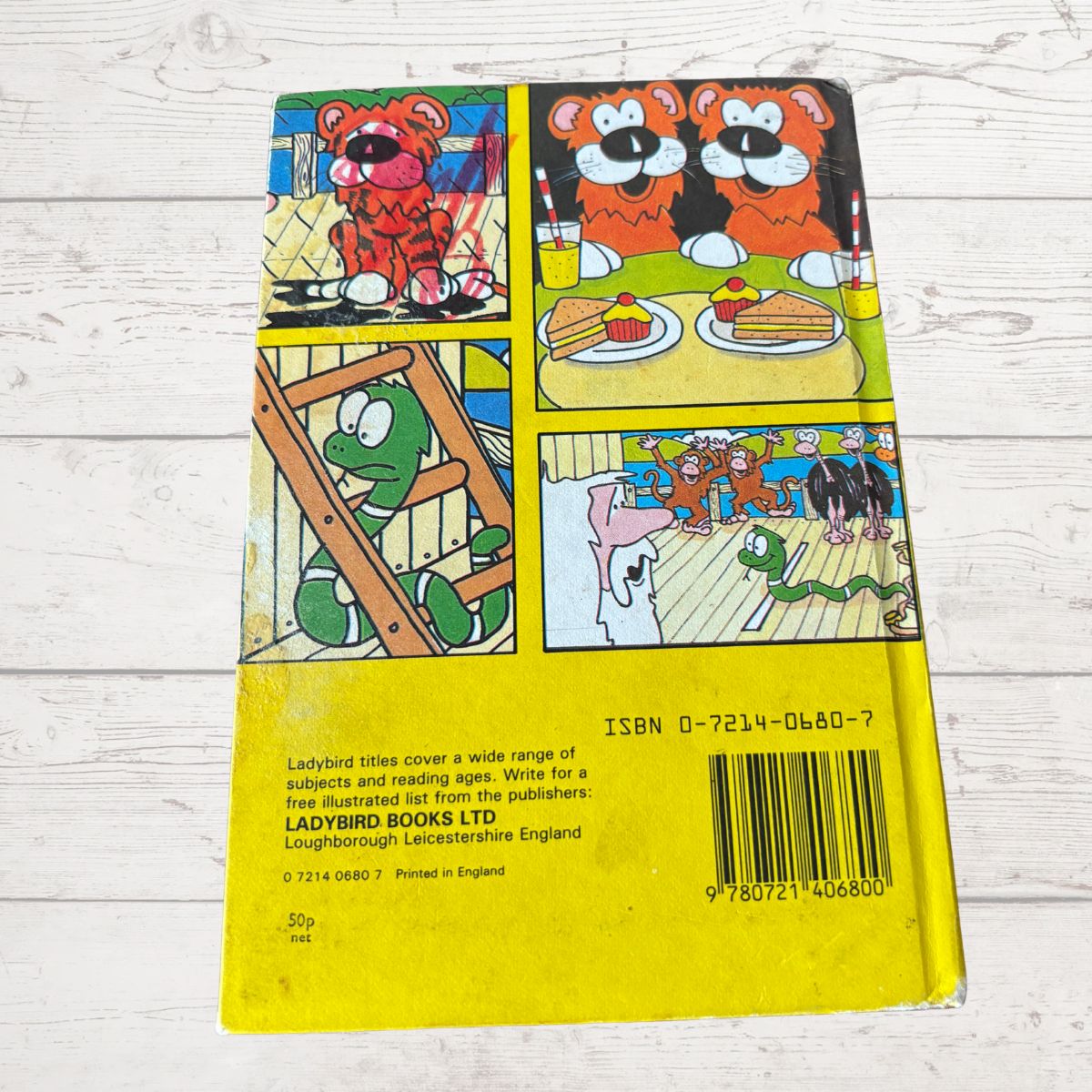 Back cover of a book with colorful illustrations and text on a wooden surface