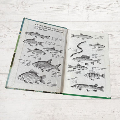 Open book with illustrations of fish on a wooden surface