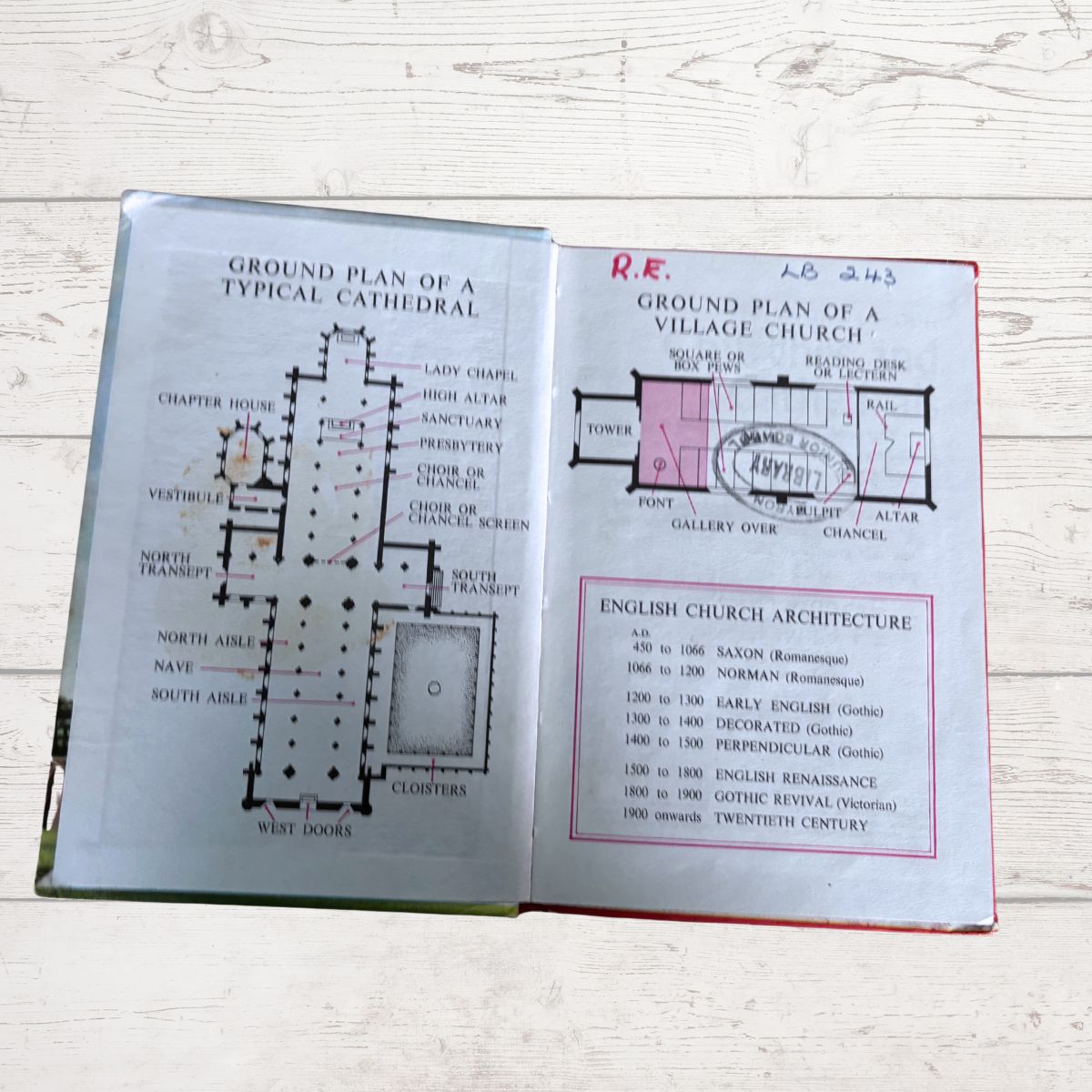 An open book displaying printed architectural floor plans, including a ground plan of a typical cathedral and a ground plan of a village church with an English church architecture table, photographed on a light wood surface.