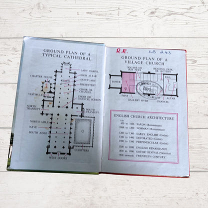 An open book displaying printed architectural floor plans, including a ground plan of a typical cathedral and a ground plan of a village church with an English church architecture table, photographed on a light wood surface.
