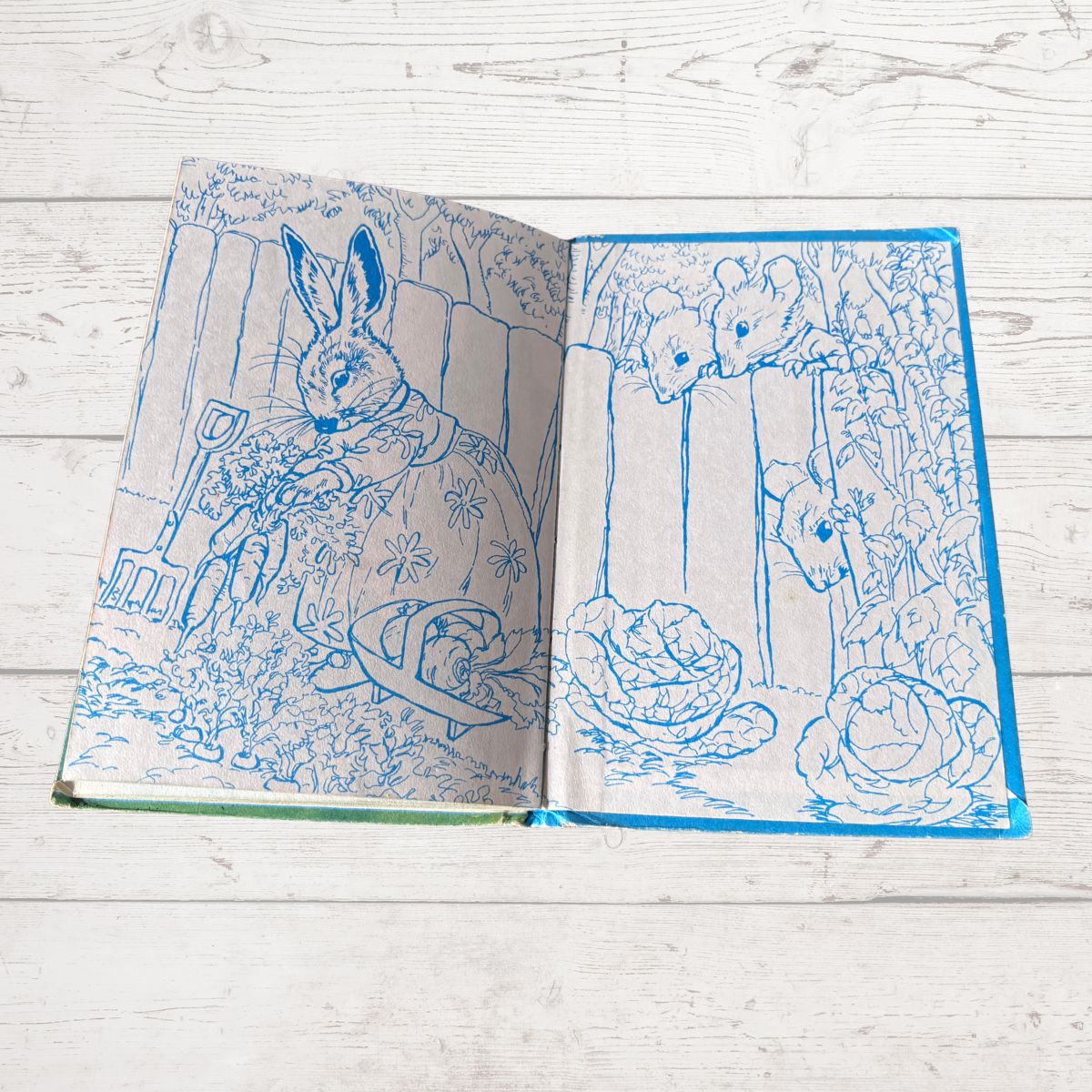 An open book featuring blue line art illustrations of rabbits and garden scenes on cream-colored pages, placed on a white wooden surface.