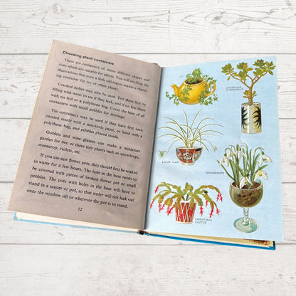 Open book with illustrations of plants on a wooden surface