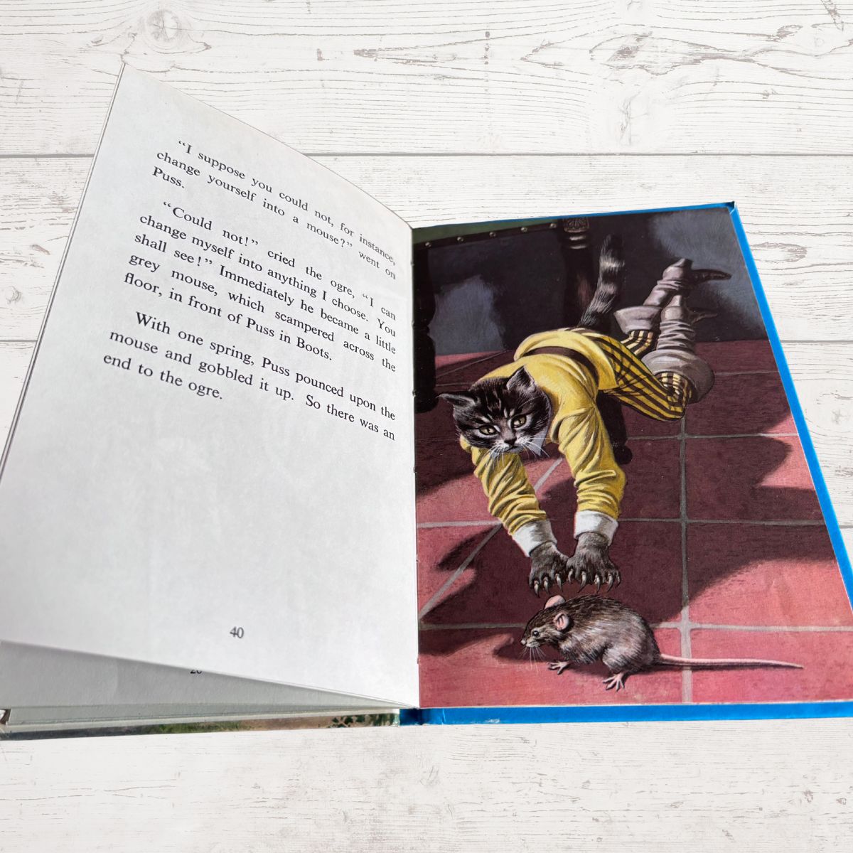An open children's book lying on a white wood surface, showing a printed illustration of a cat in a yellow outfit stretching toward a mouse on a red floor.