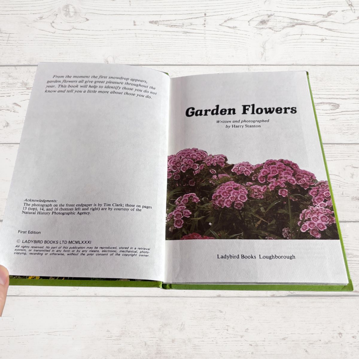 An open book titled 'Garden Flowers' showing printed text and a photograph of pink flowers, photographed on a white wood surface. A hand is visible at the lower left edge.